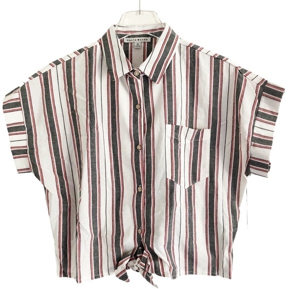 Haute Monde NWT Short Sleeve Striped Tie Top Size Medium - Picture 1 of 10